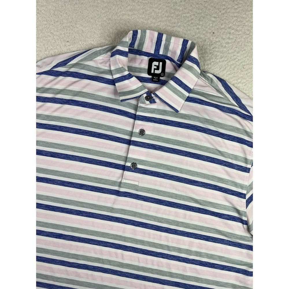 FootJoy Mens Pink Blue Stripe Golf Performance Stretch‎ Polo Shirt Large